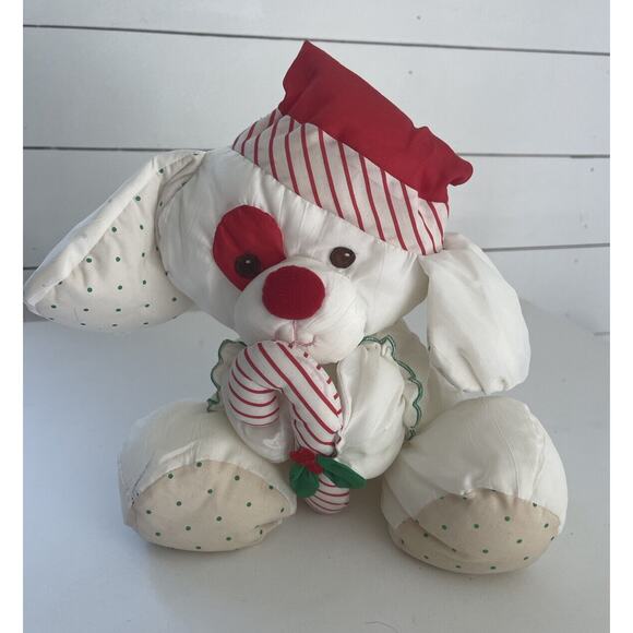 VINTAGE Fisher Price Christmas White Puppy Dog Puffalump 1990 Plush Candy Cane - Picture 1 of 6